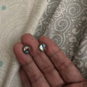 8 mm sterling silver stud earrings inlaid coral turquoise onyx and mother pearl